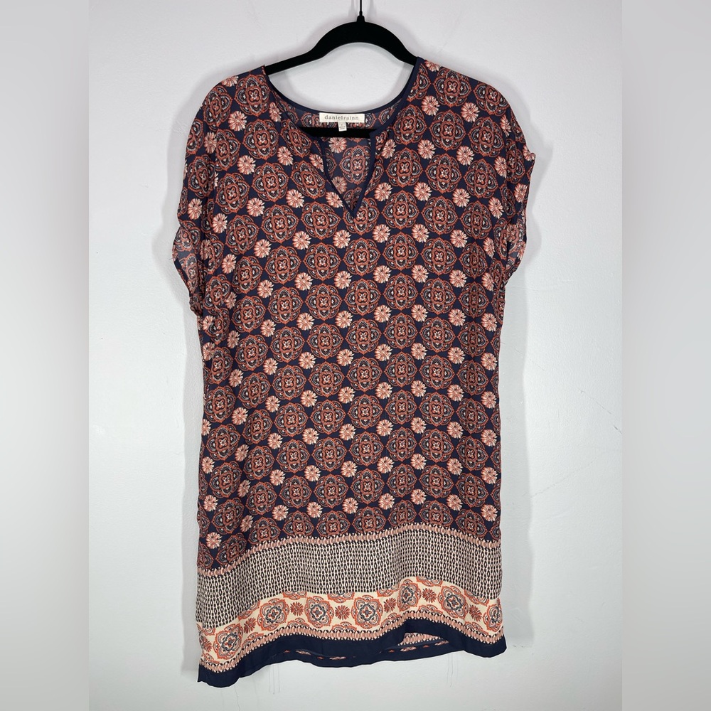 Daniel Rainn Short Sleeve Printed Tunic Cover Up in Orange Navy and Cream